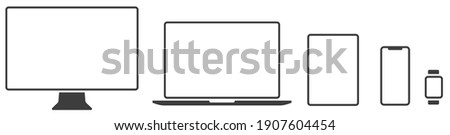 Device Icons vector set: Monitor, Computer, laptop, Tablet, Smartphone. Watch. Editable Stroke. - stock vector