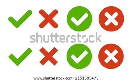 Green check mark, red cross mark icon set. Check mark and cross icons in circle. Isolated on white background. Editable Stroke. Vector illustration