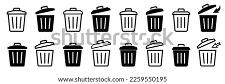 Trash bin icon. Trash can, bin icons, rubbish bin sign, trash bin open symbols set. Editable stroke. Line and flat styles. Vector illustration