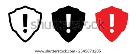 Shield exclamation icon, alert, warning, firewall, security shields, danger, attention symbol. Alert symbols set. Vector illustration