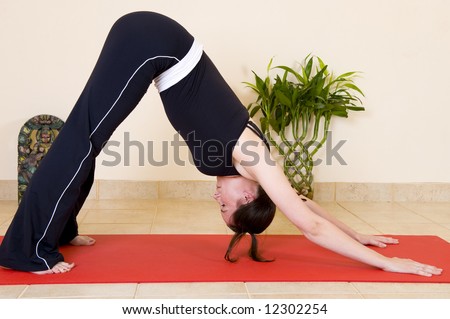 A beautiful young lady in the \'Downward facing dog\' yoga position, wearing black outfit on a red mat.