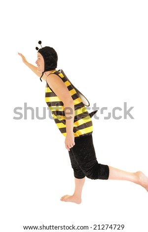 Lady pretending to fly in a bee costume. White background.