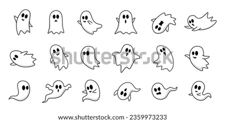 set of cute ghost characters with outlined style