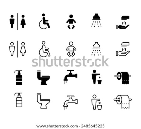 collection of restroom icons, black solid and editable stroke line