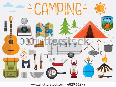 Camping elements. Set of camping objects, tent, trailer, backpack, guitar, camera, fire, bowl, guitar, gas balloon, map, compass, binoculars, axe. Design elements vector illustration flat.

