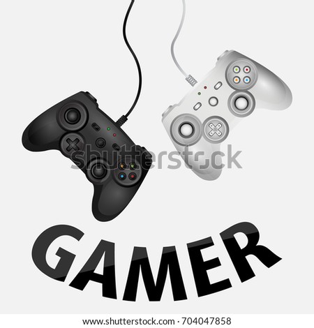 flat design Gaming concept & creative. two black and white remote joystick with buttons & forms for geek gamers on white background & text - gamer. Computer play game competition vector illustration