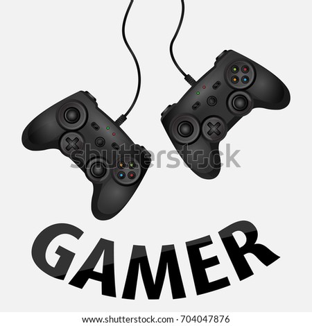 flat design Gaming concept & creative. two black remote joystick with buttons & forms for geek gamers on white background & text - gamer. Computer play game competition vector illustration