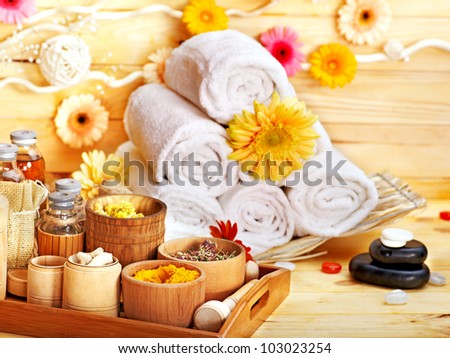 Spa still life  with towel in wood spa.