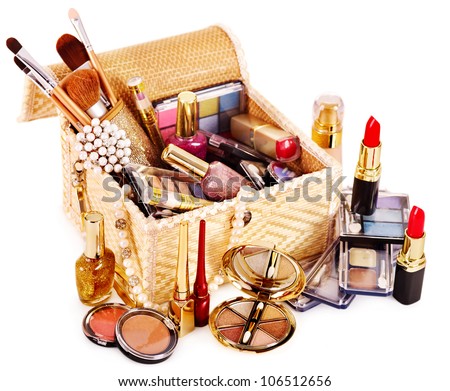 Decorative cosmetics in makeup box.