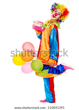 Portrait of clown with balloon and gift box. Isolated.
