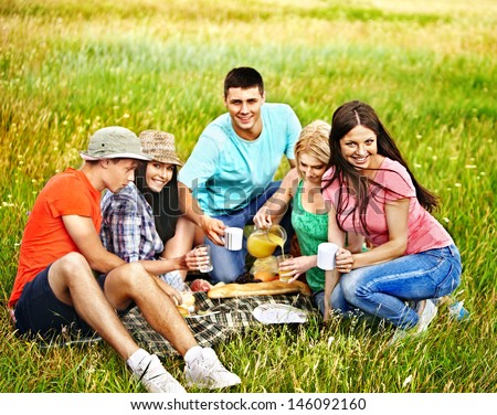 Group people on picnic. Outdoor.
