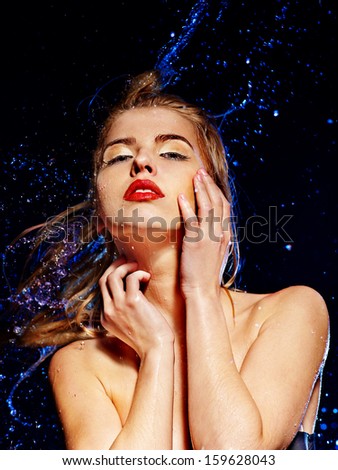 Wet woman face with water drop. Moisturizing.