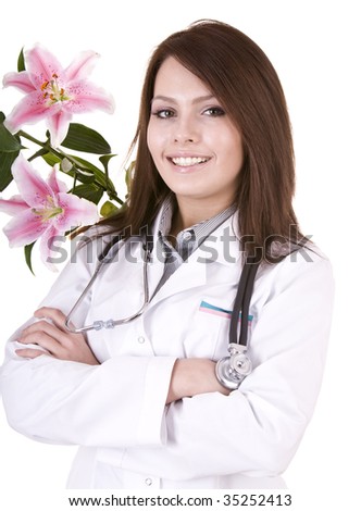 Doctor with stethoscope and flower. Isolated.