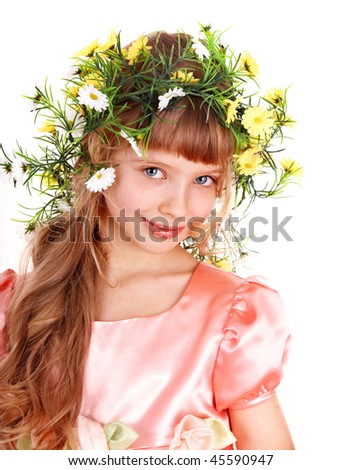 Beautiful girl with garland of spring flower. Isolated.