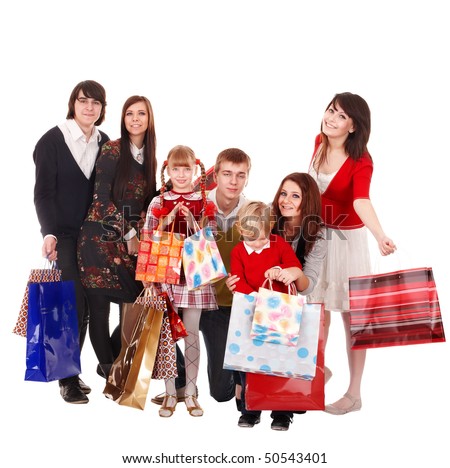 Happy family with children and shopping bag. Isolated.