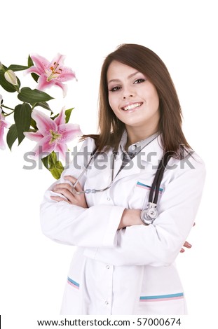 Female doctor with stethoscope and flower. Isolated.