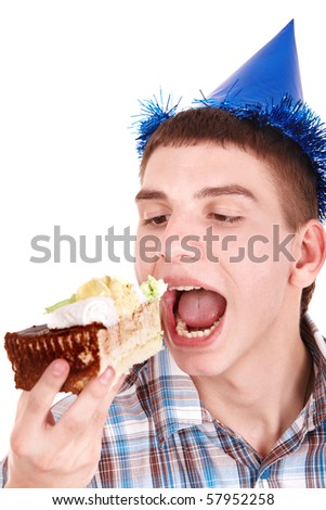 Face of man eating cake. Isolated.