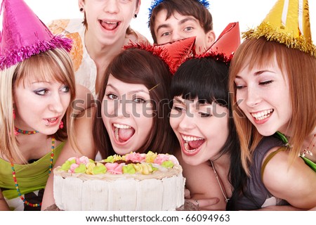 Group people in party hat eat cake. Isolated.
