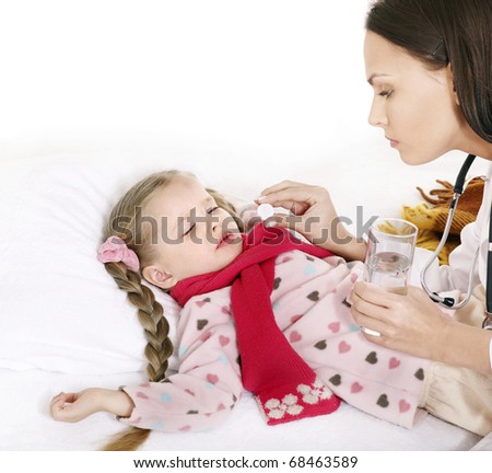 Sick child take  medicine with doctor. Isolated.