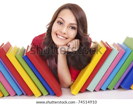 Girl with pile color book . Isolated.