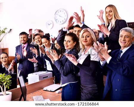 Happy group business people with hand together in office.