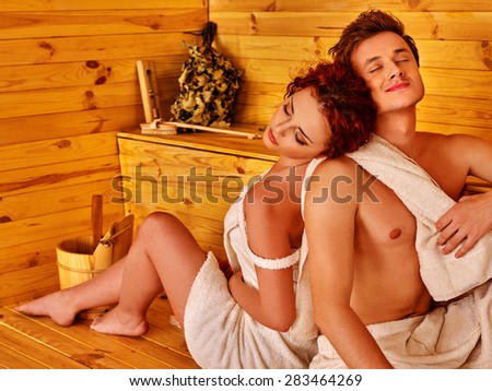 Loving couple have rest  relaxing at sauna.
