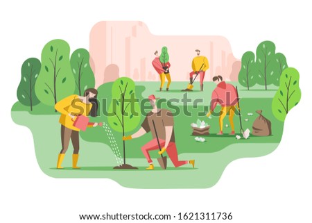 Volunteers plant a trees in the Park and put garbage in bags. Young people care about the environment. Vector illustration in a flat style