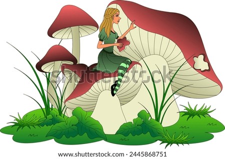 A character from a fairy tale. The girl breaks off a piece of the mushroom. An episode from a fairy tale.
