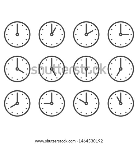 Set of wall clocks for every hour