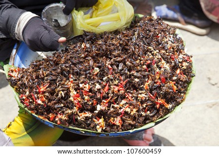 vendor fast food cambodia fried crickets with chilli at vietnam border