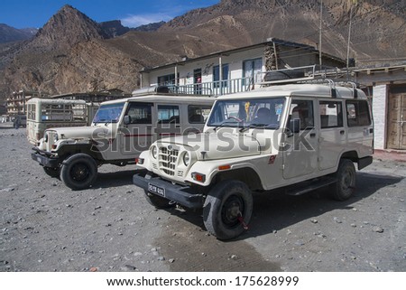 JOMSOM, NEPAL - CIRCA NOVEMBER 2013: Jeep is the primary means of transport in the village of Jomsom circa November 2013 in Jomsom.