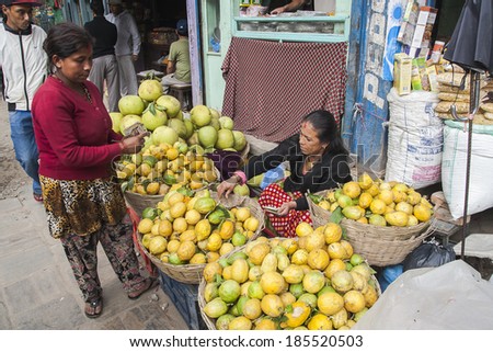 KATHMANDU, NEPAL - CIRCA NOVEMBER 2013: street trading is the basic form of selling in Nepal circa November 2013 in Kathmandu.