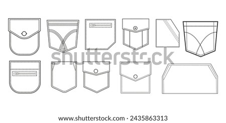  Simple icons. Pocket shapes. Textile sew clothe pockets, casual style template