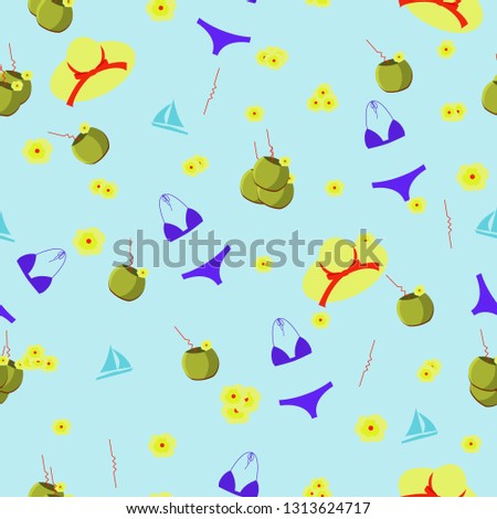 Seamles with bikini, hat, coconut drink ,exotic flowers and sail boat. Can be used for swimsuits,fleep flops,  fabrics, wallpapers, wripping, decoration, banners, flyers, posters.