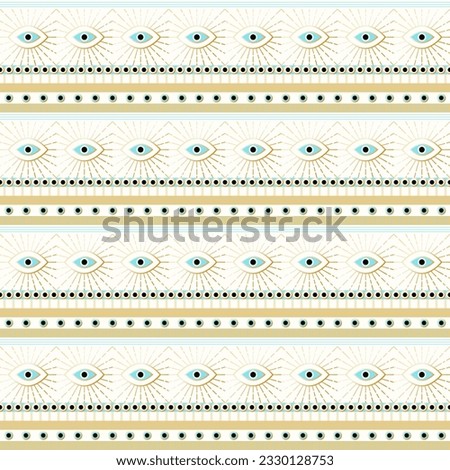 Evil eye ornamental seamless in gold, white and black on turquoise background. Can be used for fashion, home decor graphics such as textile all-over print and for covering, wrapping and decoration