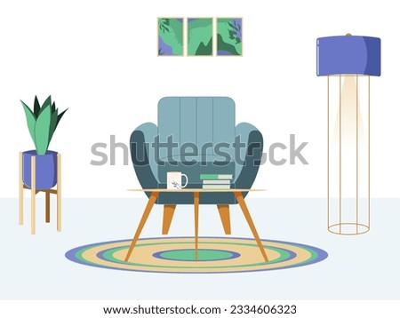 Mid century style reading nook interior design in violet and green with armchair, floor lamp, rug, wall pictures, home plant, side table, books and cup. Vector flat illustration for your projects