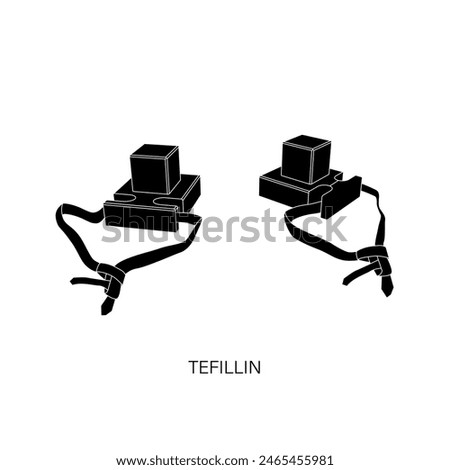 Set of Tefilin - Phylacteries in Hebrew. Small boxes with straps containing scrolls with verses from the Torah. Flat style vector in black on white for logo, banner, flyer, sticker, poster, decoration