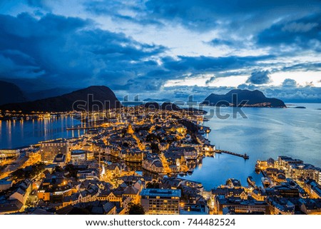 Similar – Foto Bild Alesund, Norwegen. Night View Of Moored Schiff in Alesund Insel. Sommer Morgen.