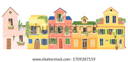 People are sitting at home in multi-colored buildings, woman and cat at the window, the artist draws on the balcony, the girl in the window, the man sings, the man is playing the saxophone.
