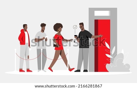 Black people waiting in behind queue barrier for party. Security bouncer face control man. Invitation guest list checking at nightclub building entrance. Concert tickets with qr code. Vector art