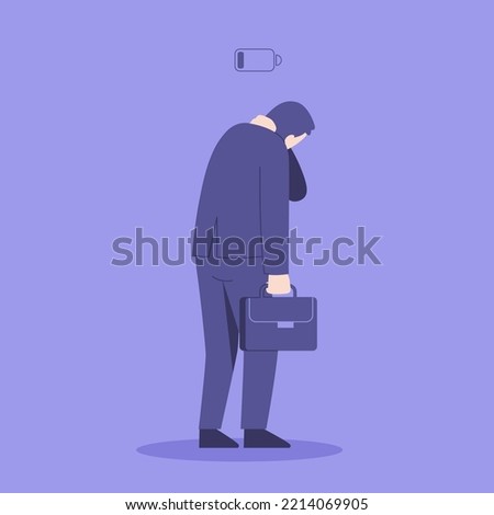 Tired man goes home from work. The concept of burnout, dead battery, lack of energy. Middle age crisis. Flat illustration