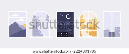 Set of windows at different times of the year. Day and night, nature and city, sun, rain and snow.  Vector flat illustration