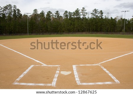 A wide shot of an empty baseball field.