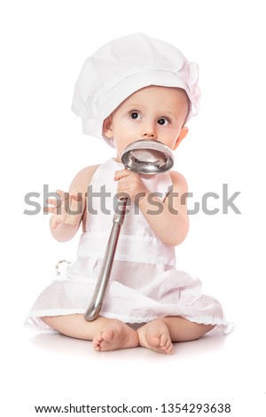 emotional cook baby portrait wearing apron and chef hat with metal ladle, isolated on a white background. Food banner for text or design. Stock foto © 