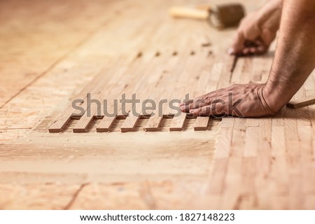 Craftsman on work laying parquet flooring installation of parquet. laying parquet flooring, Pad applied with glue for parquet.
