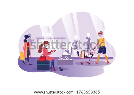 People wearing mask shopping in the mall. Vector Illustration concept.