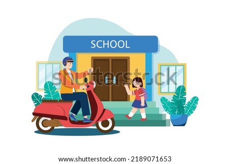 Father dropping off daughter at school Illustration concept on white background