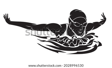 Female Swimmer Athlete, Butterfly Swim Illustration, 