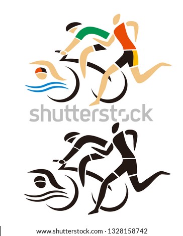 Triathlon Racers, Runner, cyclist, swimmer icon.
Two Stylized illustrations of Three triathlon athletes. Isolated on white background. Vector available.