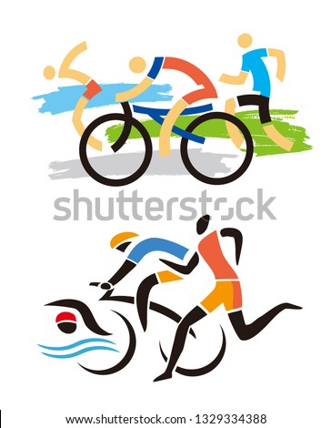 
Triathlon Race, Runner, cyclist, swimmer symbol.
Two differently stylized illustrations of Three triathlon athletes. Isolated on white background. Vector available.